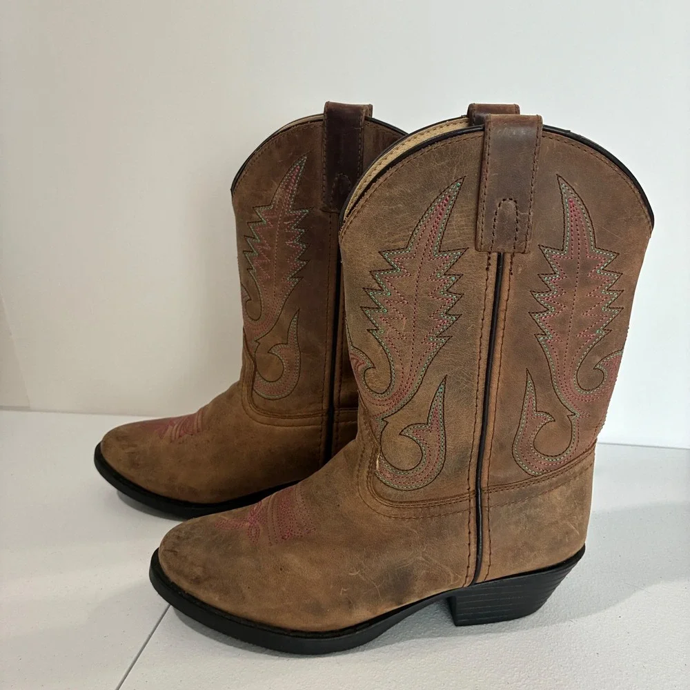 Smoky Mountain Cowboy Boots Girls 2.5 Brown Leather Western Pink Stitch 3531C